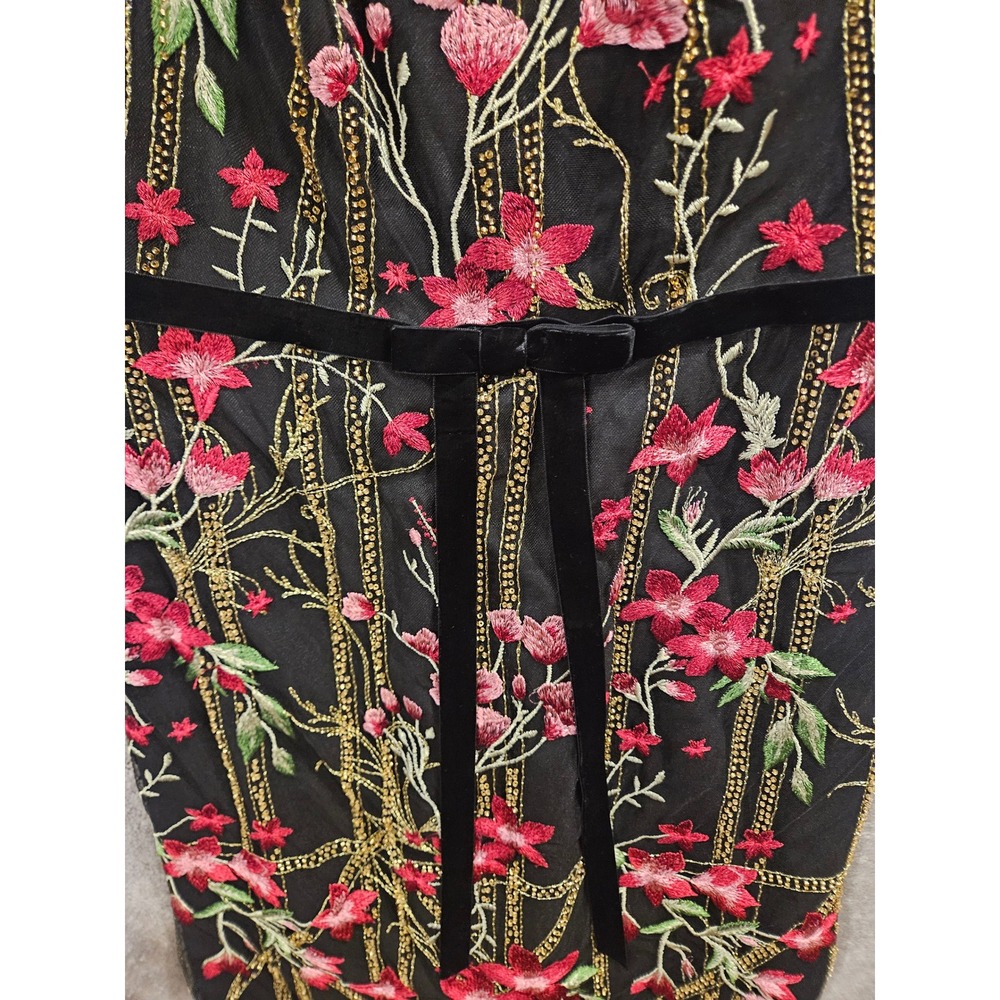 Marchesa Notte  Sz 6 Embroidered Mesh Midi Dress Cap Sleeve Belted‎ Formal #467H - Picture 2 of 15